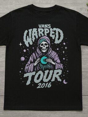Vans Warped Tour 2016 Graphic Black T-Shirt Skeleton Reaper Gothic Concert Tee